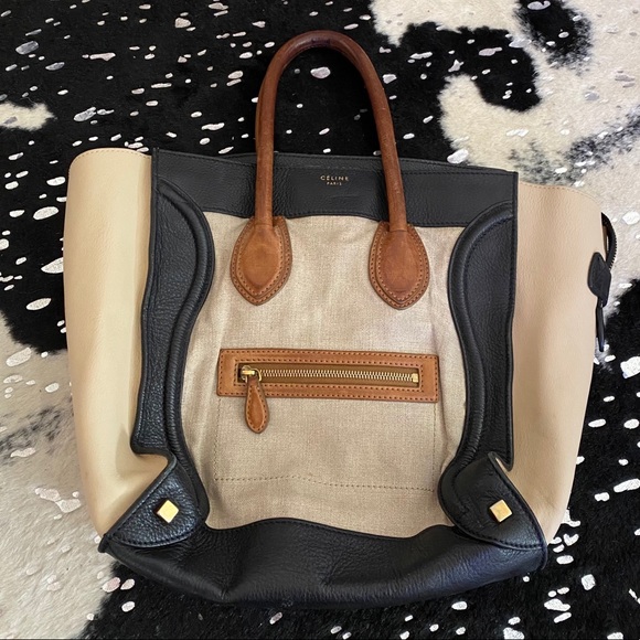 Celine Handbags - Celine Natural Canvas and Leather Luggage Tote Bag